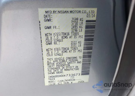 2014 Nissan Frontier Sv z USA, uszkodzony, nr VIN 1N6AD0ER0EN733673